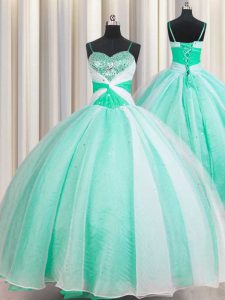 Sweet Spaghetti Straps Floor Length Lace Up Ball Gown Prom Dress Apple Green for Military Ball and Sweet 16 and Quinceanera with Beading and Ruching