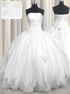 Exceptional White Ball Gowns Strapless Sleeveless Taffeta Floor Length Lace Up Beading and Appliques Sweet 16 Dress
