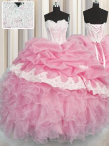 Low Price Pick Ups Rose Pink Sleeveless Organza Lace Up Quinceanera Dress for Military Ball and Sweet 16 and Quinceanera