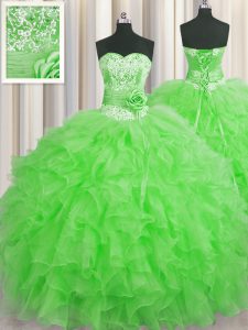 Super Handcrafted Flower Green Ball Gowns Organza Sweetheart Sleeveless Beading and Ruffles and Hand Made Flower Floor Length Lace Up Ball Gown Prom Dress