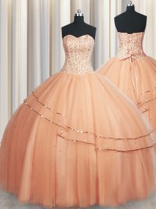 Delicate Visible Boning Really Puffy Peach Quinceanera Dresses Military Ball and Sweet 16 and Quinceanera and For with Beading and Ruching Sweetheart Sleeveless Lace Up