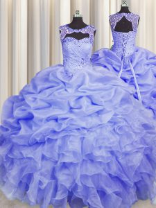 Beautiful Blue Ball Gowns Scoop Sleeveless Organza Floor Length Lace Up Beading and Pick Ups Quinceanera Gown