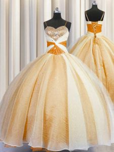 Spaghetti Straps Orange Ball Gowns Beading and Ruching Quinceanera Dress Lace Up Organza Sleeveless Floor Length