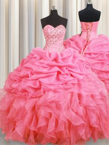 Dramatic Rose Pink Organza Lace Up Halter Top Sleeveless Floor Length Quince Ball Gowns Beading and Ruffles and Pick Ups