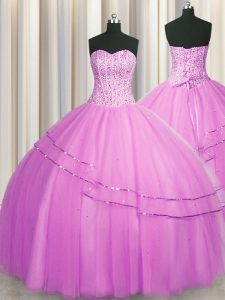 Lovely Visible Boning Really Puffy Beading Sweet 16 Dress Lilac Lace Up Sleeveless Floor Length