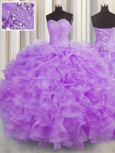 Beautiful Sweetheart Sleeveless 15th Birthday Dress Floor Length Beading and Ruffles Lilac Organza