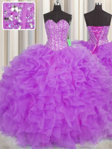 Visible Boning Sleeveless Organza Floor Length Lace Up Vestidos de Quinceanera in Purple with Beading and Ruffles and Sashes ribbons