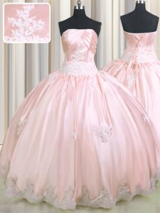 Cute Beading and Appliques Quinceanera Gown Baby Pink Lace Up Sleeveless Floor Length