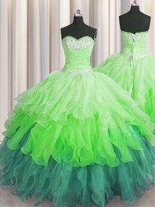 Organza Sleeveless Floor Length Sweet 16 Dress and Beading and Ruffles and Ruffled Layers and Sequins