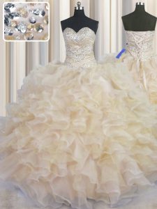 Champagne Lace Up Quinceanera Gown Beading and Ruffles Sleeveless Floor Length