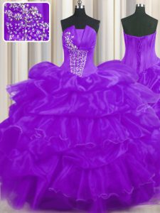 Purple Organza Lace Up Strapless Sleeveless Floor Length 15th Birthday Dress Beading and Ruffled Layers and Pick Ups