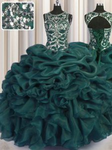 Scoop See Through Sleeveless Floor Length Beading and Sequins and Pick Ups Lace Up Quinceanera Gowns with Teal