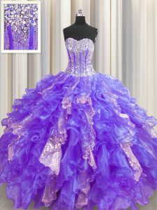 Amazing Visible Boning Purple Sweetheart Lace Up Beading and Ruffles and Sequins Quinceanera Dress Sleeveless