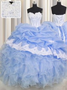 Light Blue Organza Lace Up Sweetheart Sleeveless Floor Length Quince Ball Gowns Beading and Appliques and Ruffled Layers
