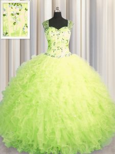 On Sale See Through Zipper Up Yellow Green Zipper Sweet 16 Dresses Beading and Ruffles Sleeveless Floor Length