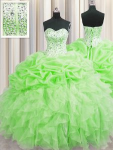 Fancy Visible Boning Floor Length Lace Up 15th Birthday Dress for Military Ball and Sweet 16 and Quinceanera with Beading and Ruffles and Pick Ups