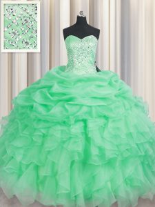 Popular Apple Green Sleeveless Organza Lace Up Vestidos de Quinceanera for Military Ball and Sweet 16 and Quinceanera