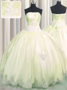 Strapless Sleeveless Quince Ball Gowns Floor Length Beading and Appliques Light Yellow Taffeta