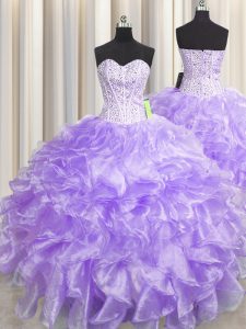 Flirting Visible Boning Zipper Up Ball Gowns Quinceanera Dresses Lavender Sweetheart Organza Sleeveless Floor Length Zipper