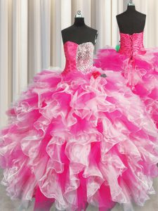 Dynamic Pink And White Ball Gowns Beading and Ruffles and Ruching Quinceanera Dresses Lace Up Organza Sleeveless Floor Length