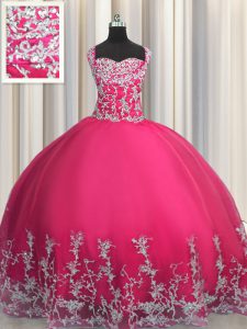 Sweet Hot Pink Lace Up Straps Beading and Appliques Quince Ball Gowns Tulle Sleeveless