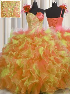 One Shoulder Handcrafted Flower Multi-color Sleeveless Floor Length Beading and Ruffles and Hand Made Flower Lace Up Quinceanera Gown