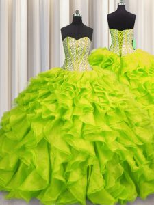 Visible Boning Floor Length Lace Up Sweet 16 Dresses Yellow Green for Military Ball and Sweet 16 and Quinceanera with Beading and Ruffles