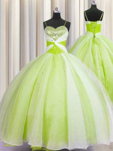 Spaghetti Straps Yellow Green Sleeveless Beading and Ruching Floor Length Quinceanera Dresses