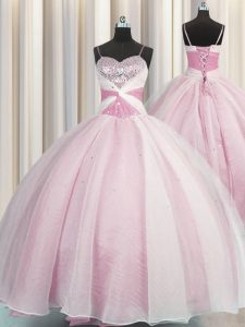 Fantastic Spaghetti Straps Sleeveless Floor Length Beading and Ruching Lace Up Sweet 16 Dress with Rose Pink