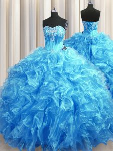 Baby Blue Sweet 16 Dresses Organza Sweep Train Sleeveless Beading and Ruffles