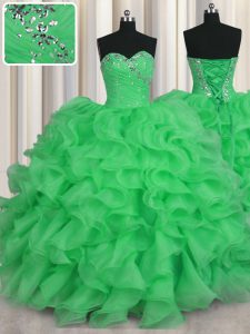 Perfect Green Sweetheart Neckline Beading and Ruffles 15th Birthday Dress Sleeveless Lace Up