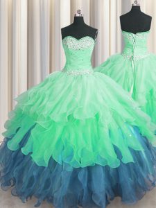 Multi-color Sleeveless Floor Length Beading and Ruffles and Ruffled Layers and Sequins Lace Up Quince Ball Gowns