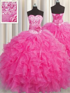 Custom Designed Handcrafted Flower Organza Sweetheart Sleeveless Lace Up Beading and Ruffles Quinceanera Gowns in Hot Pink