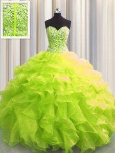 Enchanting Visible Boning Yellow Green Ball Gowns Organza Sweetheart Sleeveless Beading and Ruffles Floor Length Lace Up Quinceanera Dress