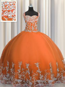 Custom Design Floor Length Orange Red Ball Gown Prom Dress Straps Sleeveless Lace Up