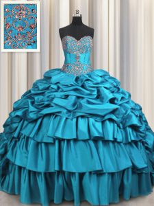 Ideal Pick Ups Embroidery Ball Gowns Sleeveless Teal Quince Ball Gowns Brush Train Lace Up