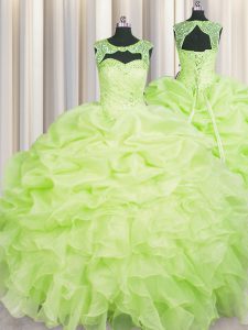 Pick Ups Ball Gowns Quinceanera Gowns Yellow Green Scoop Organza Sleeveless Floor Length Lace Up