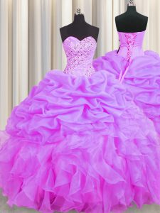 Lilac Ball Gowns Beading and Ruffles and Pick Ups Quince Ball Gowns Lace Up Organza Sleeveless Floor Length