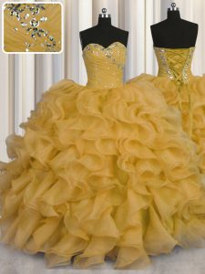 Stylish Gold Sleeveless Floor Length Beading and Ruffles Lace Up Quinceanera Gowns