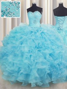 Floor Length Aqua Blue Sweet 16 Dresses Organza Sleeveless Beading and Ruffles
