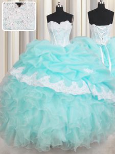 Stunning Sweetheart Sleeveless Ball Gown Prom Dress Floor Length Beading and Appliques and Ruffled Layers Baby Blue Organza