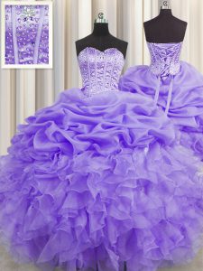 Customized Visible Boning Lavender Ball Gowns Organza Sweetheart Sleeveless Beading and Ruffles and Pick Ups Floor Length Lace Up Sweet 16 Dress