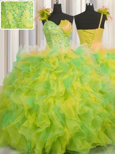 Glorious Handcrafted Flower One Shoulder Sleeveless Tulle Quinceanera Dresses Beading and Ruffles and Hand Made Flower Lace Up