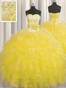 Handcrafted Flower Gold Ball Gowns Sweetheart Sleeveless Organza Floor Length Lace Up Beading and Ruffles and Hand Made Flower Sweet 16 Dresses