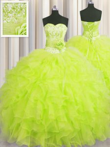 Handcrafted Flower Yellow Green Ball Gowns Beading and Ruffles and Hand Made Flower Sweet 16 Dress Lace Up Organza Sleeveless Floor Length