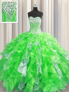 Custom Made Sequins Visible Boning Sweetheart Sleeveless Lace Up Quinceanera Dress Organza and Sequined