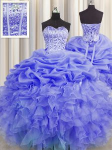 Affordable Visible Boning Purple Lace Up Sweet 16 Dresses Beading and Ruffles and Pick Ups Sleeveless Floor Length