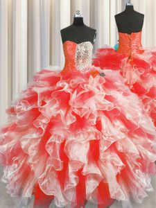 Most Popular Organza Sweetheart Sleeveless Lace Up Beading and Ruffles Ball Gown Prom Dress in Red