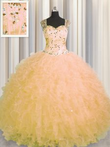 Vintage See Through Zipper Up Gold Ball Gowns Tulle Straps Sleeveless Beading and Ruffles Floor Length Zipper Quinceanera Gown