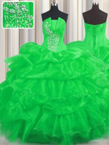 Green Ball Gowns Strapless Sleeveless Organza Floor Length Lace Up Beading and Ruffled Layers and Pick Ups Vestidos de Quinceanera